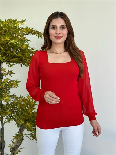 Kare Yaka Şifon Kol Özel Seri Çelik Örme Lüks Kalite Triko Kırmızı