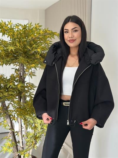 Kaşe Çıkarılabilir Kapşonlu Mont Siyah