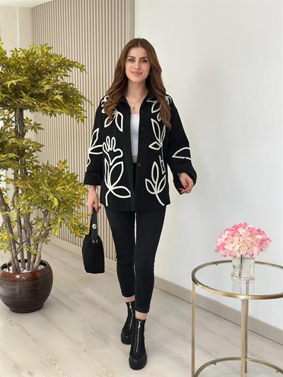 Kaşe Punch İşlemeli Tasarım Gömlek Siyah