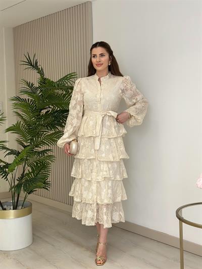 Kat Kat Güpürlü Ekru Özel Tasarım Elbise 