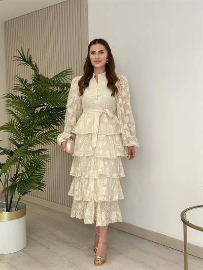 Kat Kat Güpürlü Ekru Özel Tasarım Elbise 