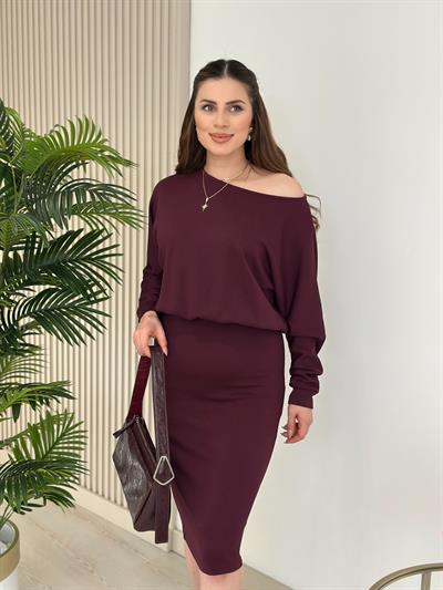 Kayık Yaka Beli Lastikli Modal Kumaş Elbise Mürdüm