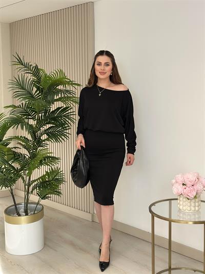 Kayık Yaka Beli Lastikli Modal Kumaş Elbise Siyah