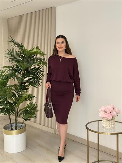 Kayık Yaka Beli Lastikli Modal Kumaş Elbise Mürdüm