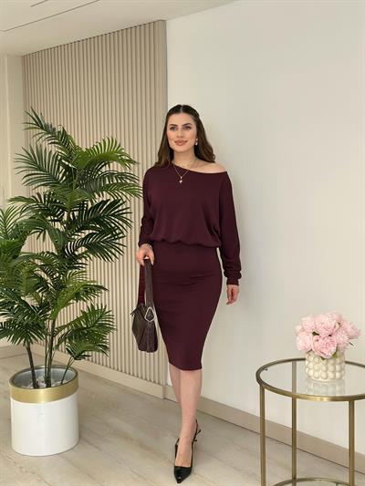 Kayık Yaka Beli Lastikli Modal Kumaş Elbise Mürdüm