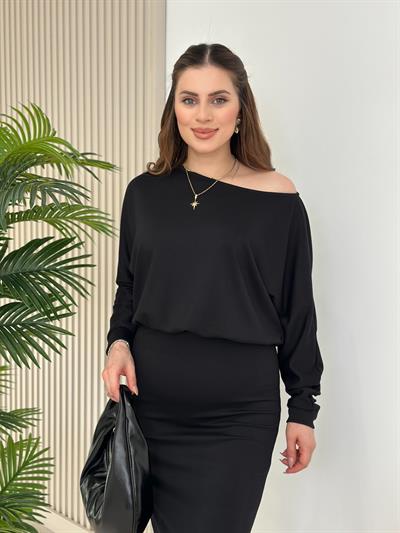 Kayık Yaka Beli Lastikli Modal Kumaş Elbise Siyah