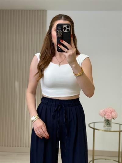 Kayık Yaka Crop Basıc Beyaz