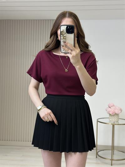 Kayık Yaka Kısa Kollu Tshirt Mürdüm