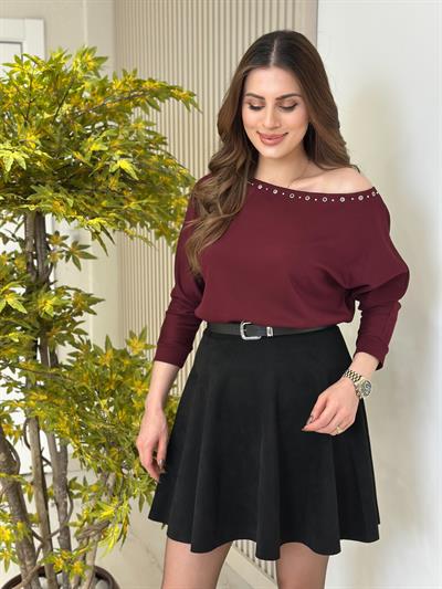 Kayık Yaka Kuşgözü Detaylı Modal Kumaş Bluz Bordo