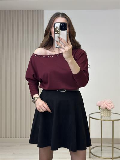 Kayık Yaka Kuşgözü Detaylı Modal Kumaş Bluz Bordo