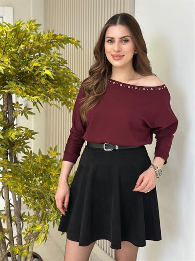 Kayık Yaka Kuşgözü Detaylı Modal Kumaş Bluz Bordo