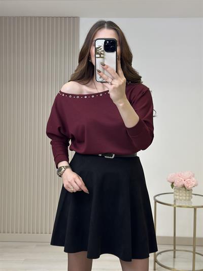 Kayık Yaka Kuşgözü Detaylı Modal Kumaş Bluz Bordo
