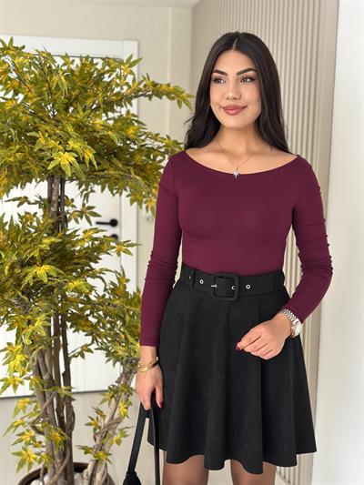 Kayık Yaka Likralı Basıc Mürdüm