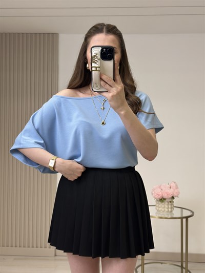 Kayık Yaka Modal Kumaş Tshirt Mavi