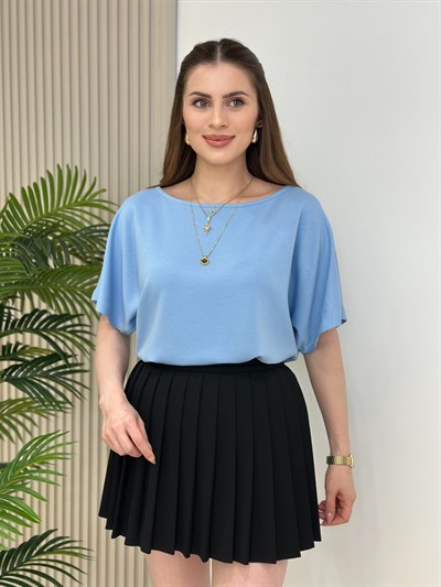 Kayık Yaka Modal Kumaş Tshirt Mavi