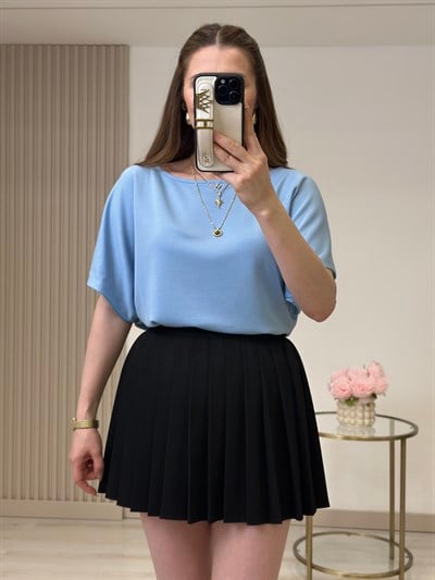 Kayık Yaka Modal Kumaş Tshirt Mavi