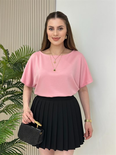 Kayık Yaka Modal Kumaş Tshirt Pembe