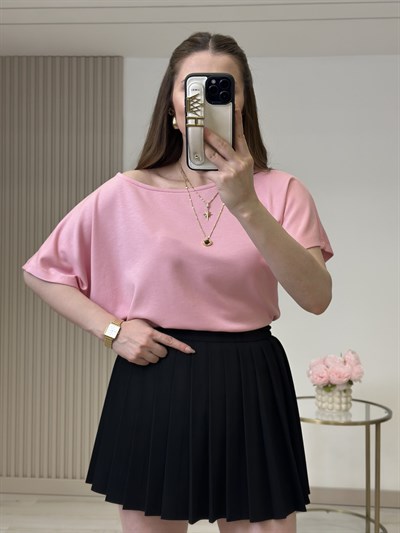 Kayık Yaka Modal Kumaş Tshirt Pembe