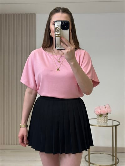 Kayık Yaka Modal Kumaş Tshirt Pembe