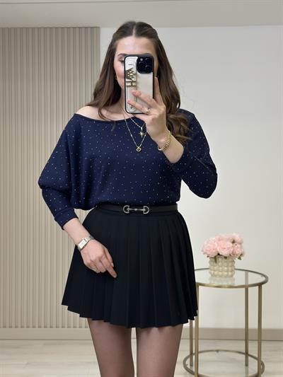 Kayık Yaka Taşlı Modal Kumaş Bluz Lacivert