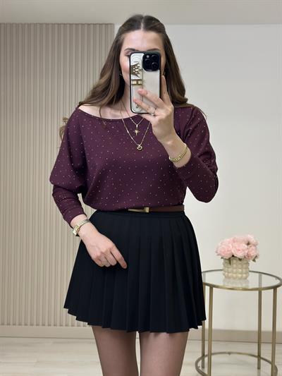 Kayık Yaka Taşlı Modal Kumaş Bluz Mürdüm