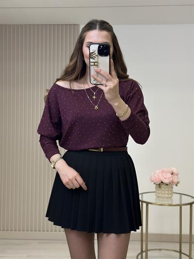 Kayık Yaka Taşlı Modal Kumaş Bluz Mürdüm
