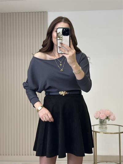 Kayık Yaka Yarasa Kol Omuz Dekolteli Modal Kumaş Bluz Antrasit