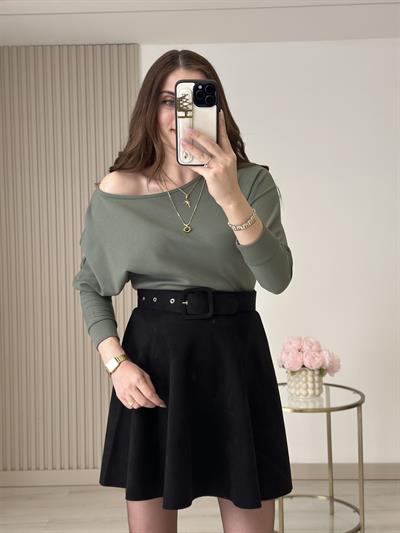 Kayık Yaka Yarasa Kol Omuz Dekolteli Modal Kumaş Bluz Haki Yeşil