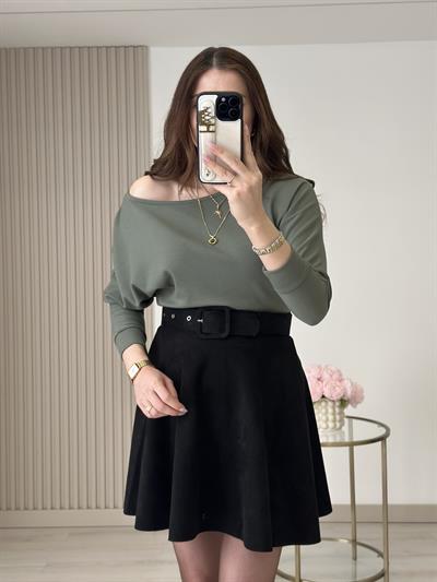 Kayık Yaka Yarasa Kol Omuz Dekolteli Modal Kumaş Bluz Haki Yeşil