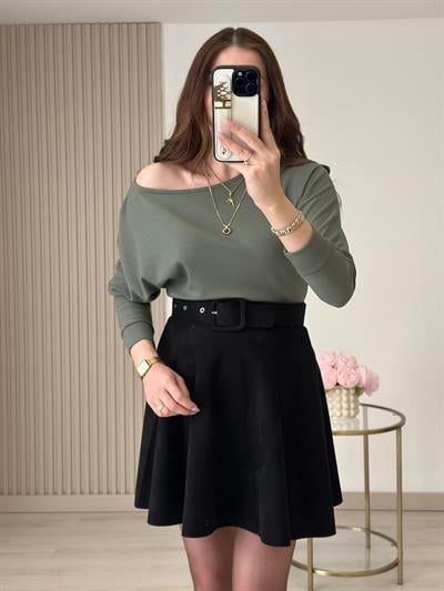 Kayık Yaka Yarasa Kol Omuz Dekolteli Modal Kumaş Bluz Haki Yeşil