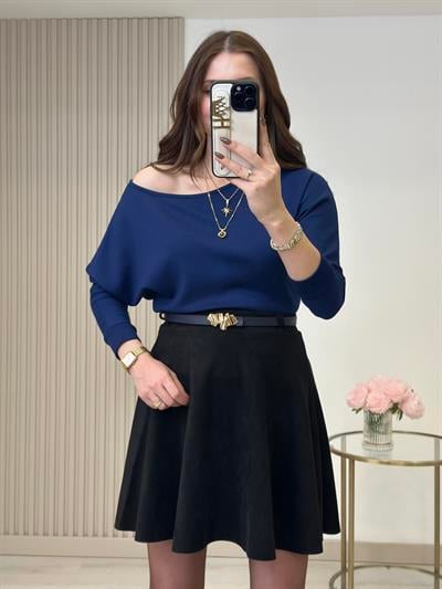 Kayık Yaka Yarasa Kol Omuz Dekolteli Modal Kumaş Bluz Lacivert