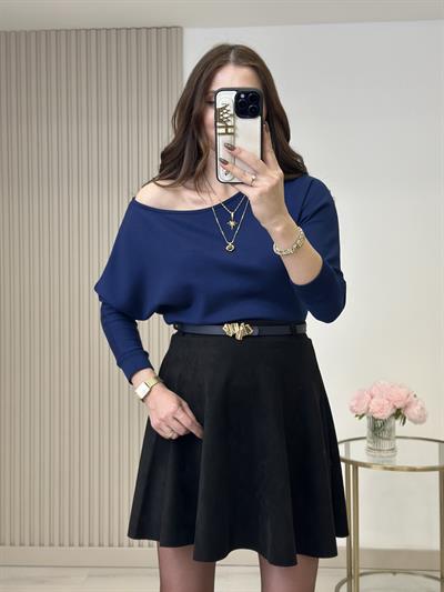 Kayık Yaka Yarasa Kol Omuz Dekolteli Modal Kumaş Bluz Lacivert