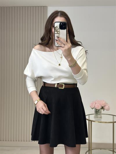 Kayık Yaka Yarasa Kol Omuz Dekolteli Modal Kumaş Bluz Beyaz