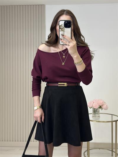 Kayık Yaka Yarasa Kol Omuz Dekolteli Modal Kumaş Bluz Mürdüm