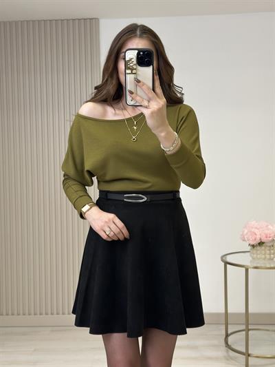 Kayık Yaka Yarasa Kol Omuz Dekolteli Modal Kumaş Bluz Yağ Yeşili