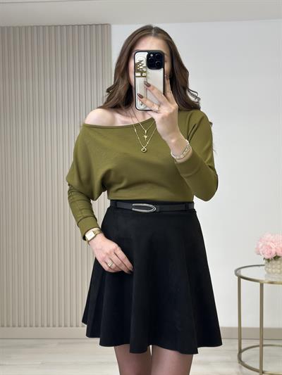 Kayık Yaka Yarasa Kol Omuz Dekolteli Modal Kumaş Bluz Yağ Yeşili