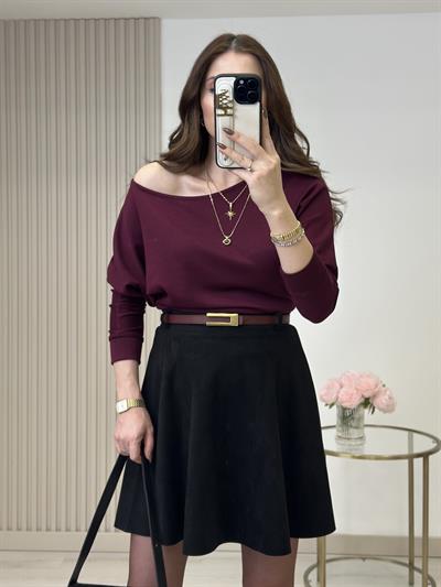 Kayık Yaka Yarasa Kol Omuz Dekolteli Modal Kumaş Bluz Mürdüm