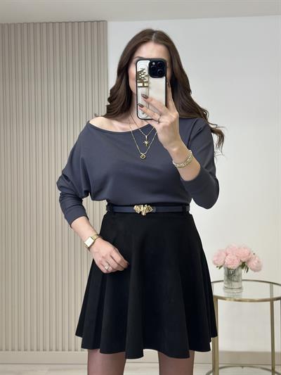 Kayık Yaka Yarasa Kol Omuz Dekolteli Modal Kumaş Bluz Antrasit