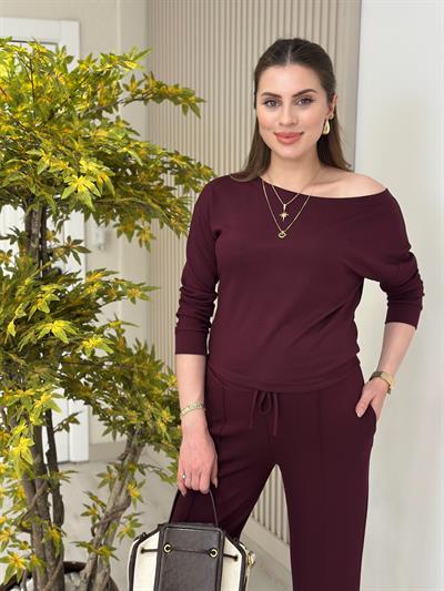 Kayık Yaka Yarasa Kollu Modal Kumaş Takım Mürdüm