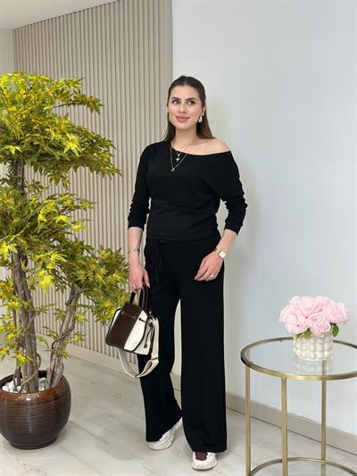 Kayık Yaka Yarasa Kollu Modal Kumaş Takım Siyah