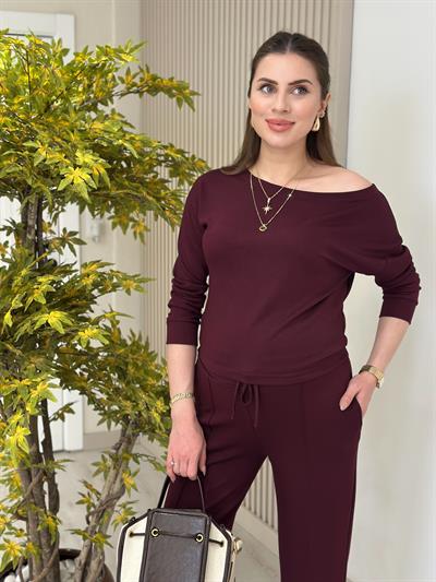 Kayık Yaka Yarasa Kollu Modal Kumaş Takım Mürdüm