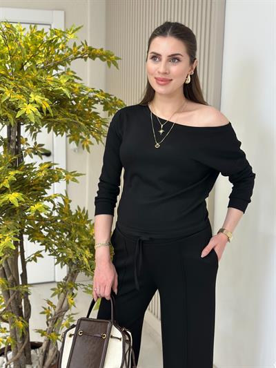 Kayık Yaka Yarasa Kollu Modal Kumaş Takım Siyah