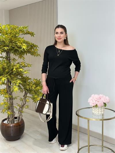 Kayık Yaka Yarasa Kollu Modal Kumaş Takım Siyah