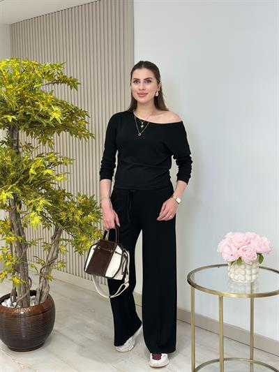 Kayık Yaka Yarasa Kollu Modal Kumaş Takım Siyah