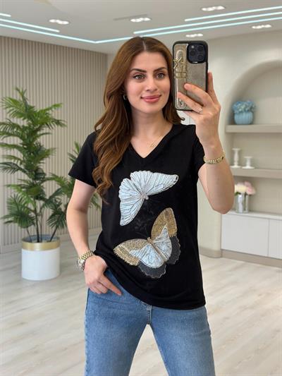 Kelebek Desenli Payetli Tasarım Tshirt Siyah