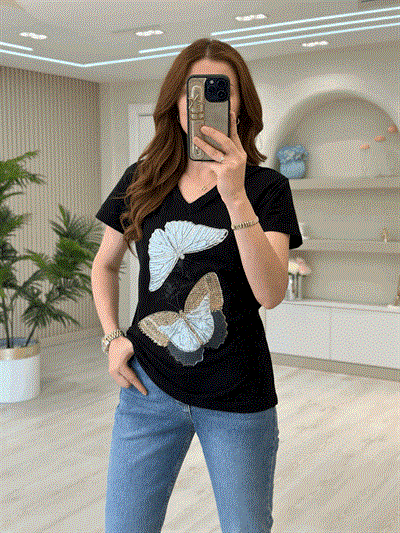Kelebek Desenli Payetli Tasarım Tshirt Siyah
