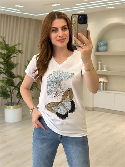 Kelebek Desenli Payetli Tasarım Tshirt Beyaz