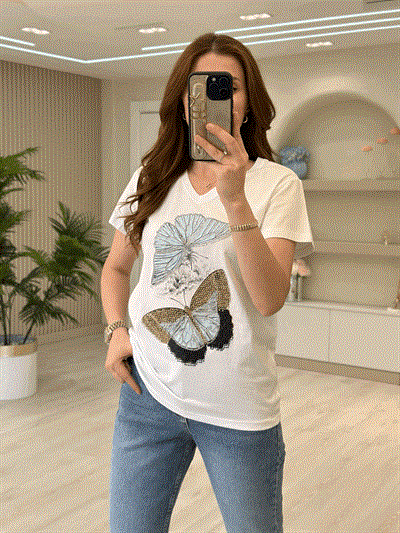 Kelebek Desenli Payetli Tasarım Tshirt Beyaz