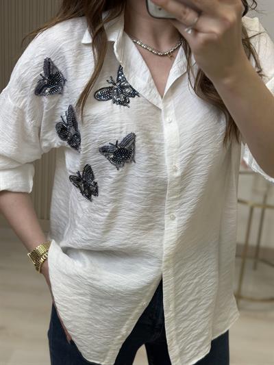 Kelebek İşlemeli Ayrobin Gömlek Beyaz