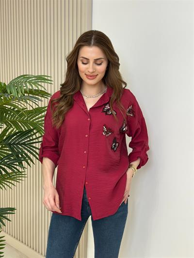 Kelebek İşlemeli Ayrobin Gömlek Bordo